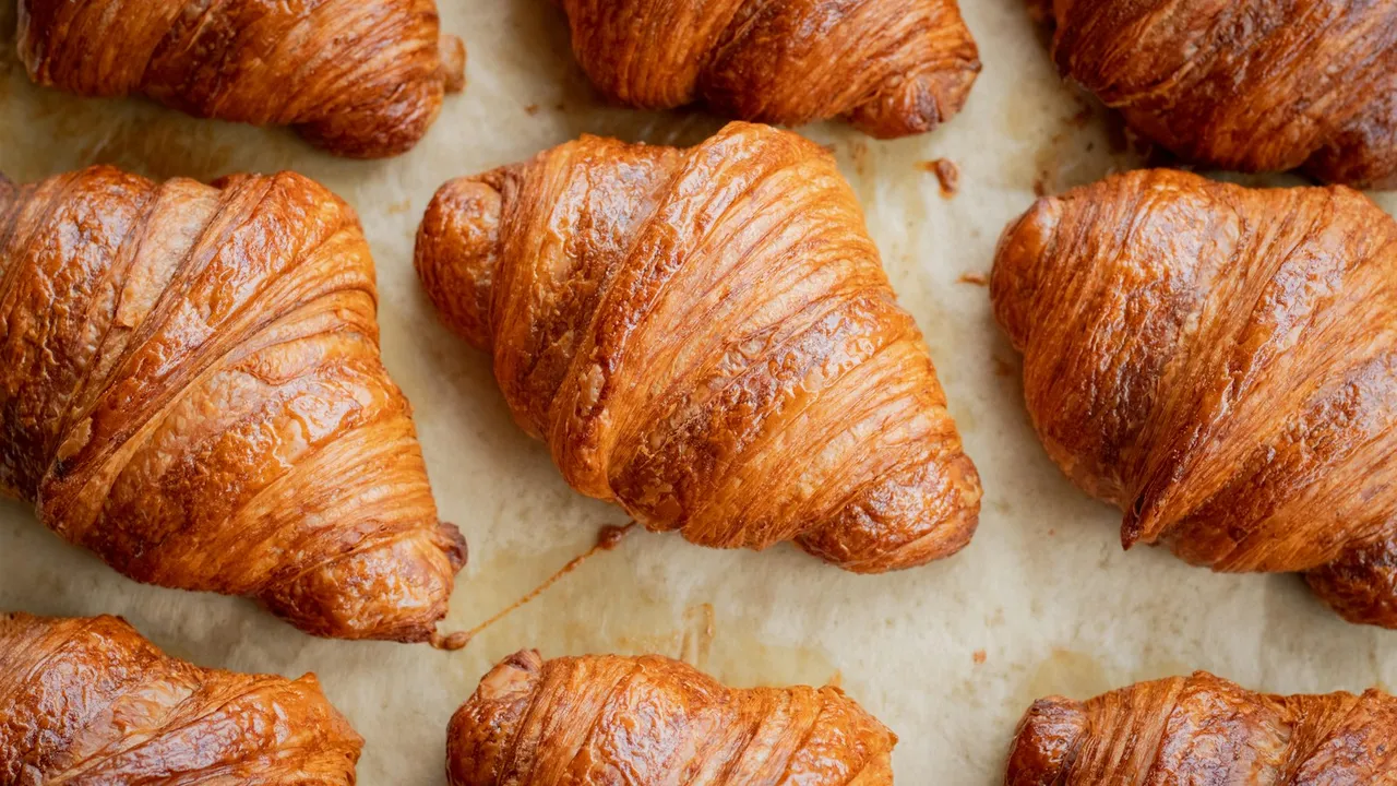 Croissants dourados recém-assados sobre papel manteiga